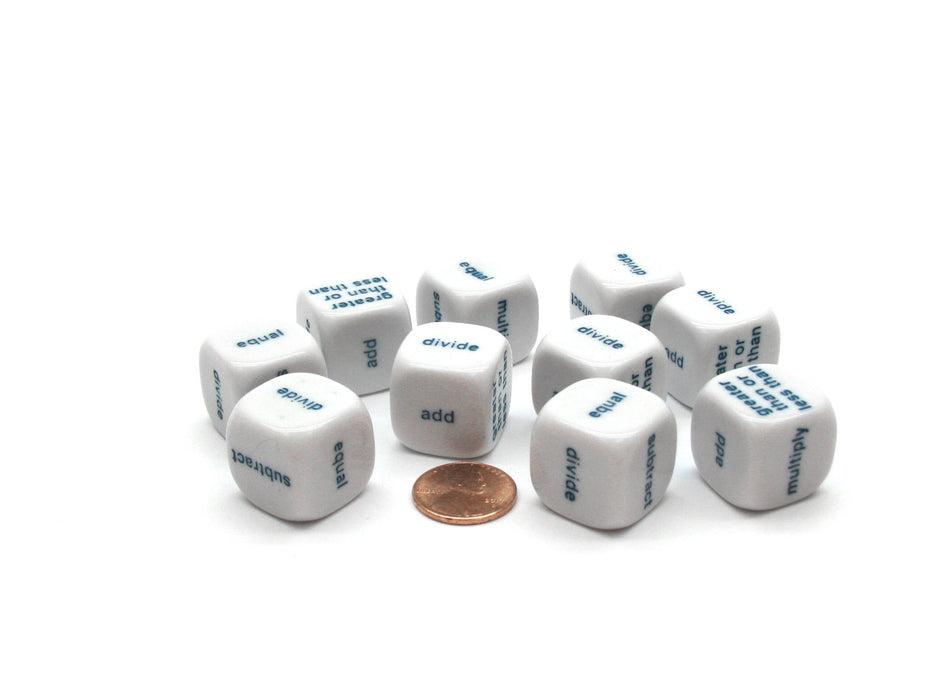 Pack of 10 20mm Math 6 Function Word Dice, English - White with Blue Words