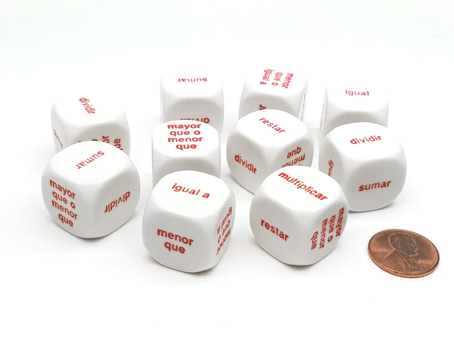 Pack of 10 20mm Math Word Dice 6 Function, Spanish Español Dice - White with Red