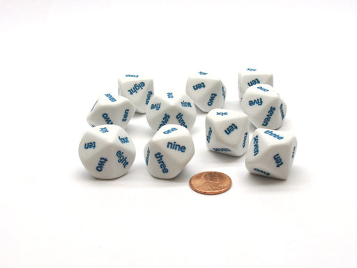 Pack of 10 D10 English Word Number Dice, one to ten - White with Blue Words