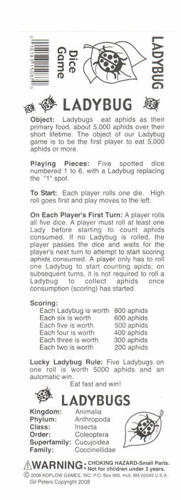 Ladybug Dice Game 5 Dice Set with Travel Tube and Instructions