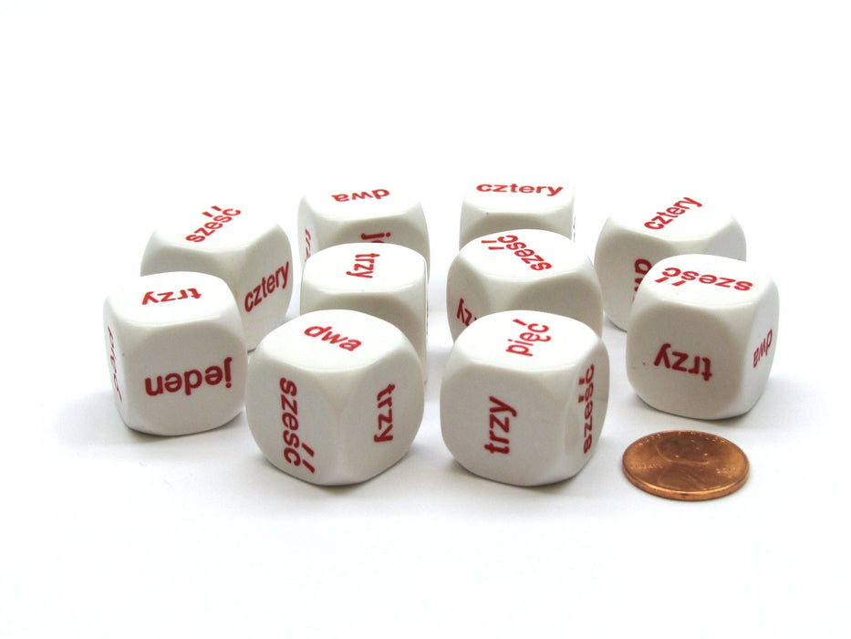 Pack of 10 20mm D6 Polish Word Numbers 1 to 6 - White with Red Etches