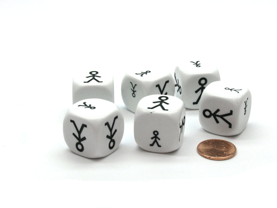 Pack of 6 22mm D6 Large and Small Stick Figure Dice - White with Black Etches