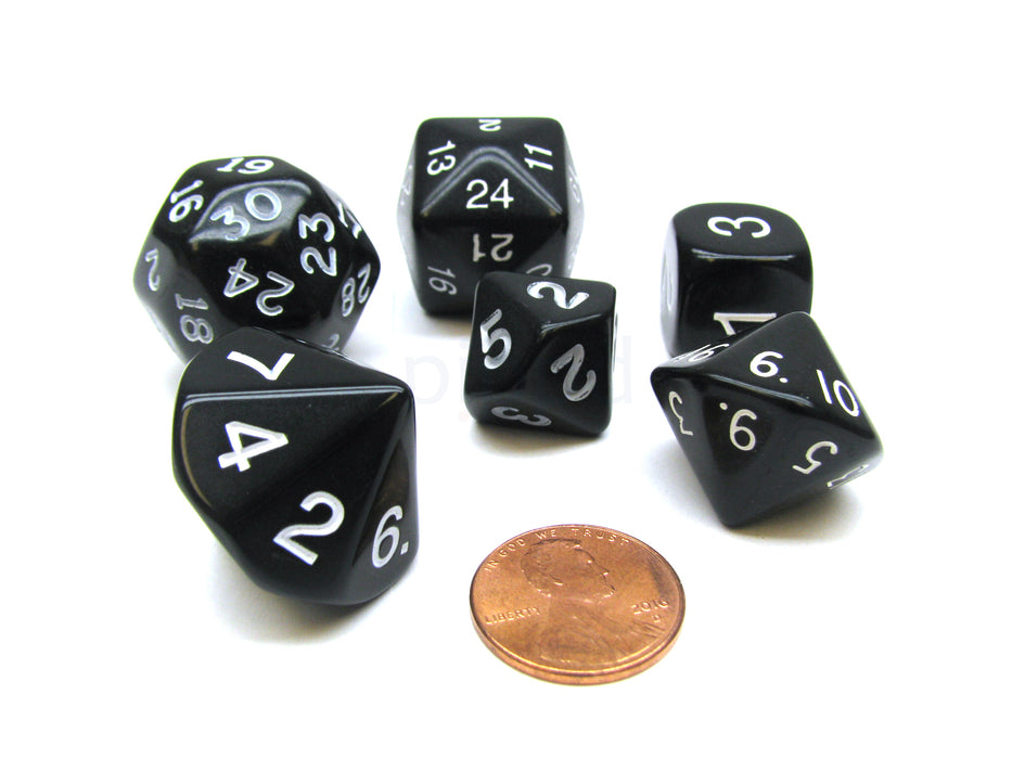 Who Knew Dice Set, 6 Pack of Unique D3, D5, D7, D16, D24, D30 Dice - Black