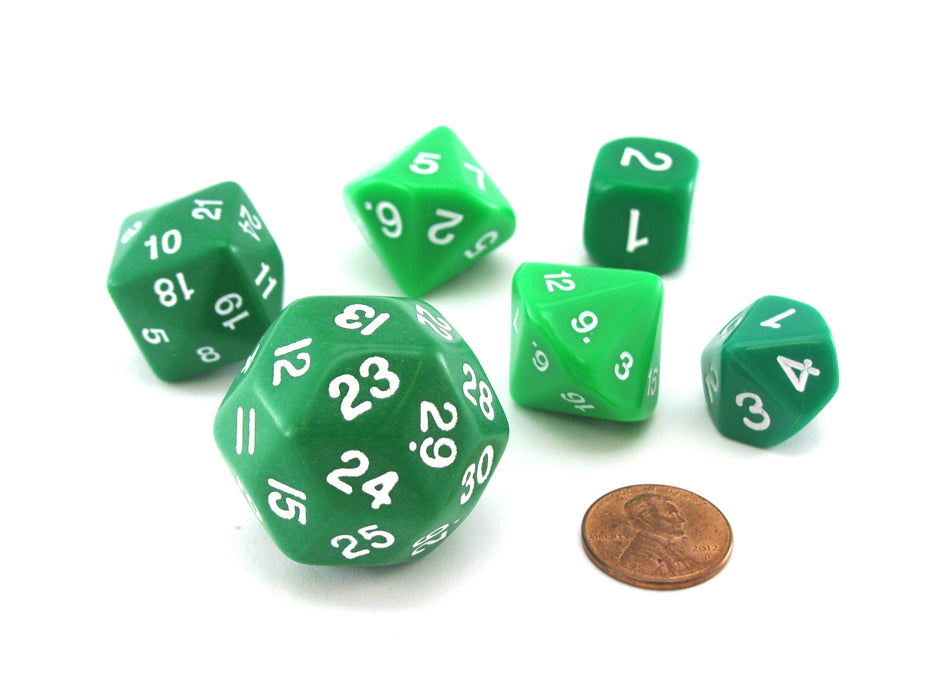 Who Knew Dice Set, 6 Pack of Unique D3, D5, D7, D16, D24, D30 Dice - Green