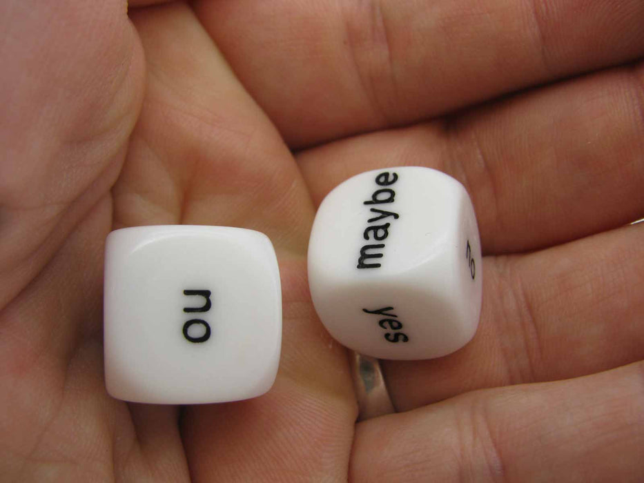 Set of 2 D6 16mm Yes, No, Maybe Decisions Dice - White with Black Letters