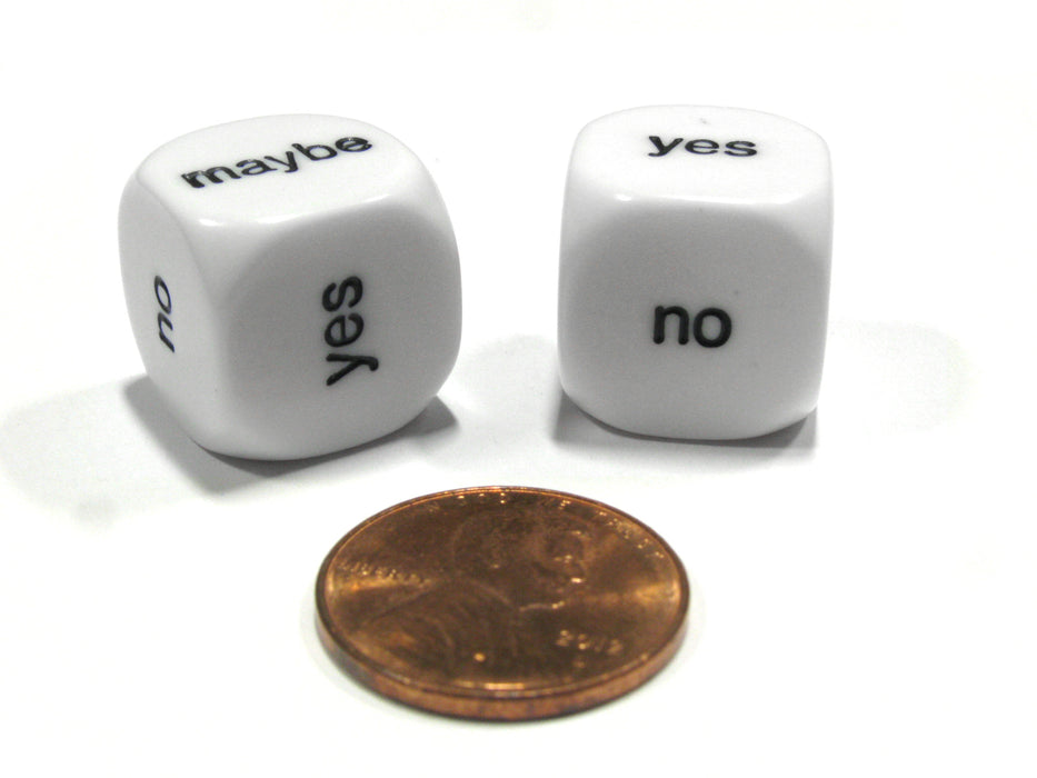 Set of 2 D6 16mm Yes, No, Maybe Decisions Dice - White with Black Letters