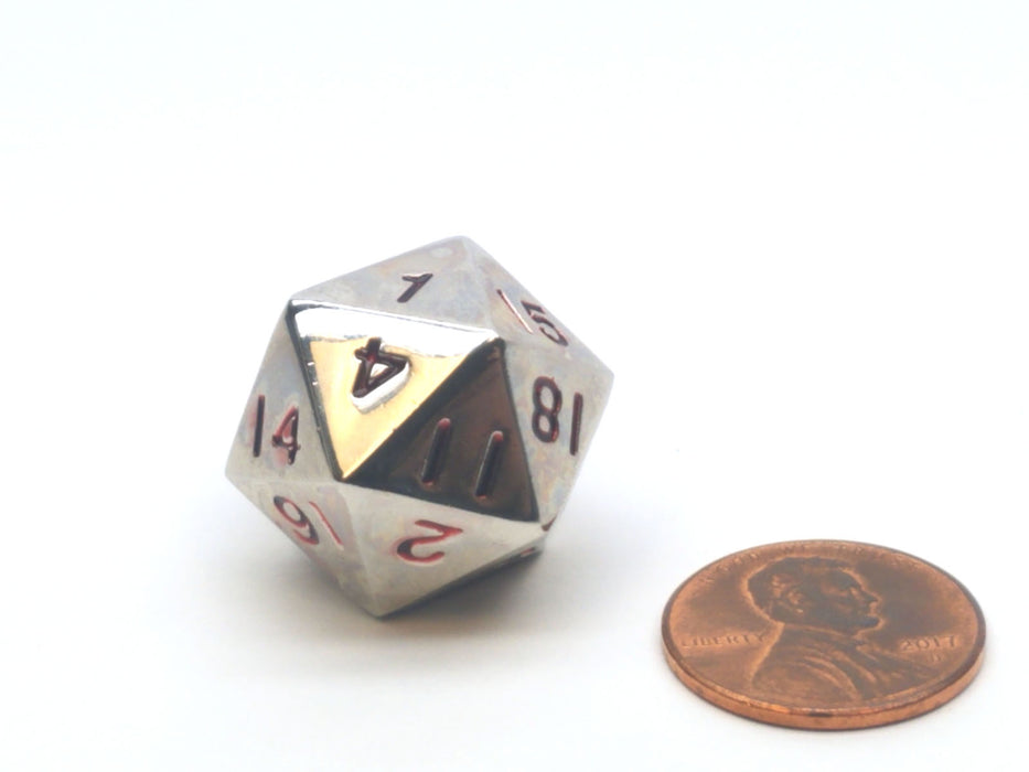 20mm Zinc Metal Alloy 20 Sided D20 Dice - Silver with Red Numbers