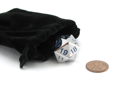 Large 22mm Zinc Metal Alloy Countdown D20 Dice w Black Bag, 1 Pc - Blue Numbers
