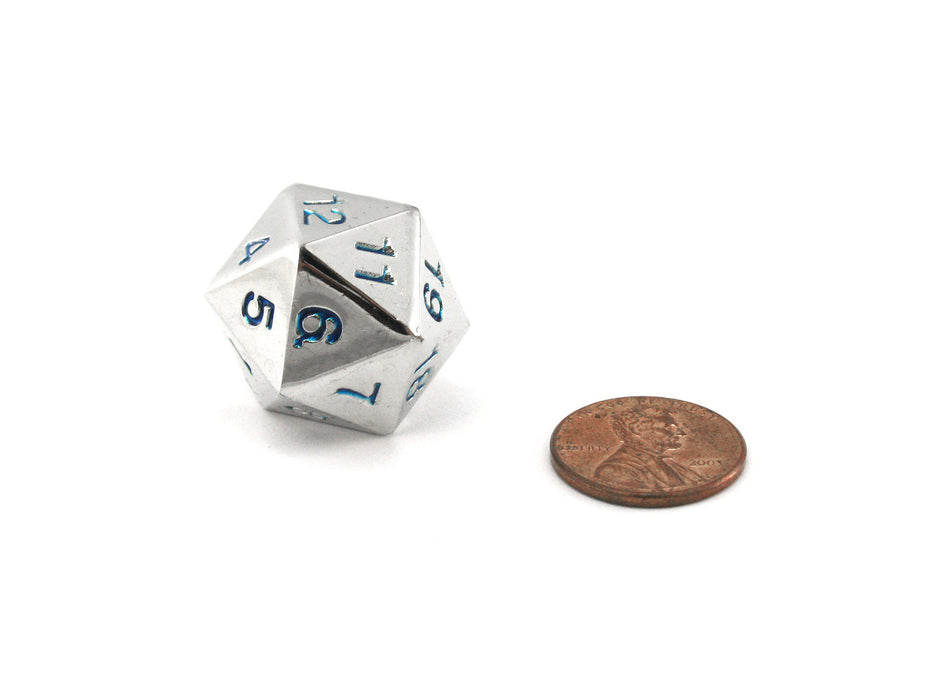 Large 22mm Zinc Metal Alloy Countdown D20 Dice w Black Bag, 1 Pc - Blue Numbers