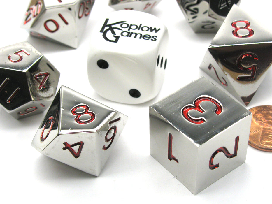 Polyhedral 7-Die Zinc Metal Alloy Dice Set - Red Numbers