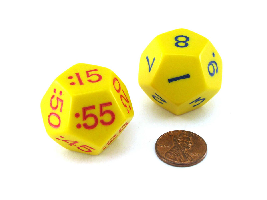 Set of 2 Jumbo Yellow D12 Time Dice for Daytime (AM) Basic Time Telling Skills