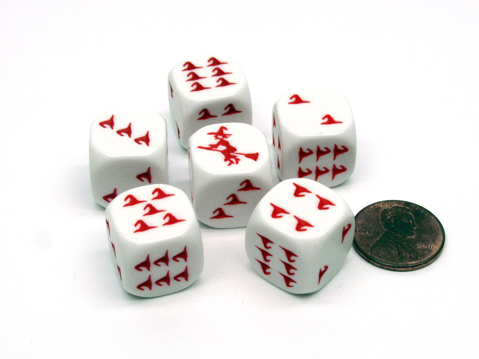 Pack of 6 Witch Halloween Themed 16mm Dice - White with Red Etches