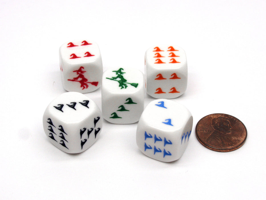 Pack of 5 Witch Halloween Themed 16mm Dice - White with Different Color Etches