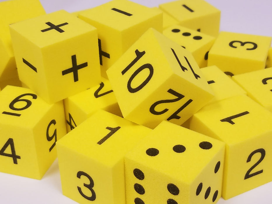 Pack of 50 Yellow 1" 25mm Foam Math Dice - Assorted Function, Spots, and Numbers