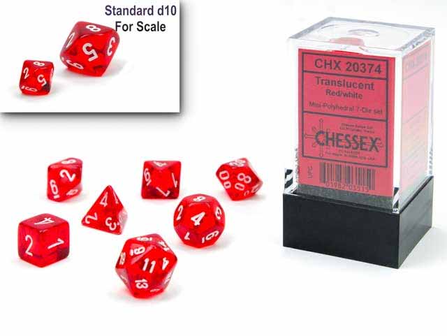 Polyhedral Mini 7-Die Set, Translucent - Red with White Numbers