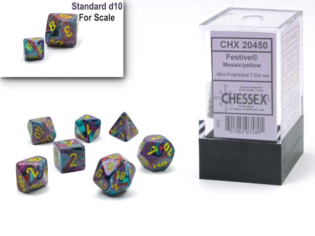 Polyhedral Mini 7-Die Set, Festive - Mosaic with Yellow Numbers