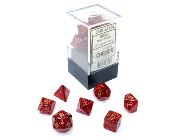 Polyhedral Mini 7-Die Set, Glitter - Ruby with Gold Numbers