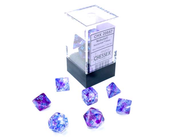 Polyhedral Mini 7-Die Set, Luminary Nebula - Nocturnal with Blue Numbers