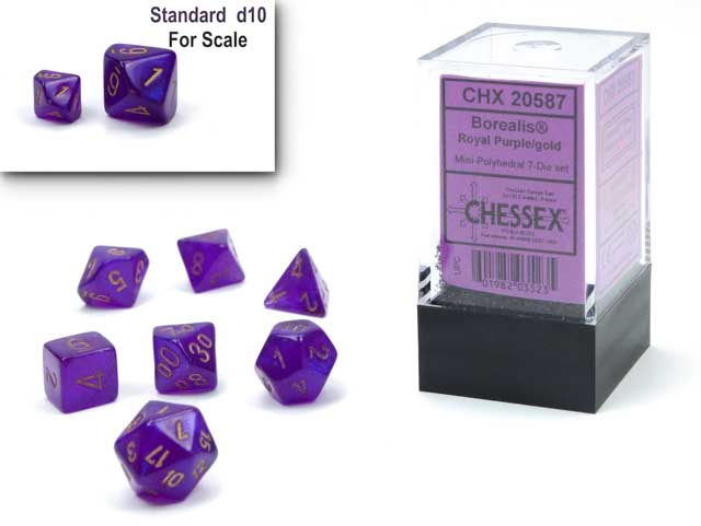 Polyhedral Mini 7-Die Set, Luminary Borealis - Royal Purple with Gold Numbers
