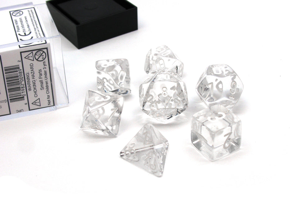 Polyhedral 7-Die Translucent Chessex Dice Set - Clear with White Numbers