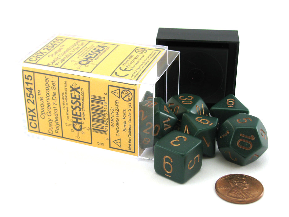 Polyhedral 7-Die Opaque Chessex Dice Set - Dusty Green with Copper Numbers
