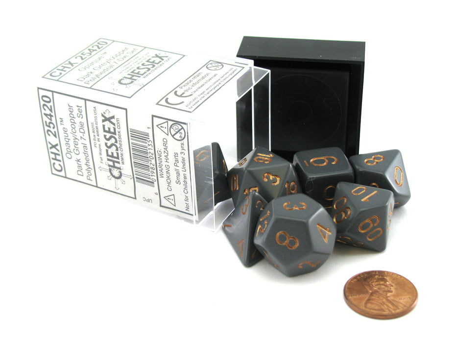 Polyhedral 7-Die Opaque Chessex Dice Set - Dark Gray with Copper Numbers