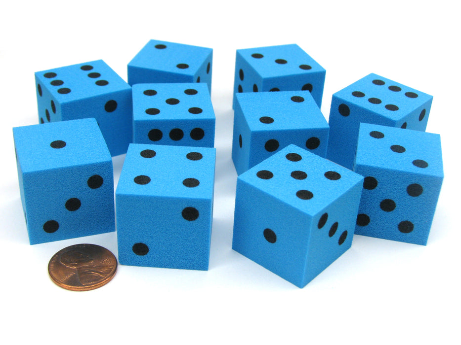 Set of 10 D6 Large 25mm Foam Dice - Blue with Black Spots