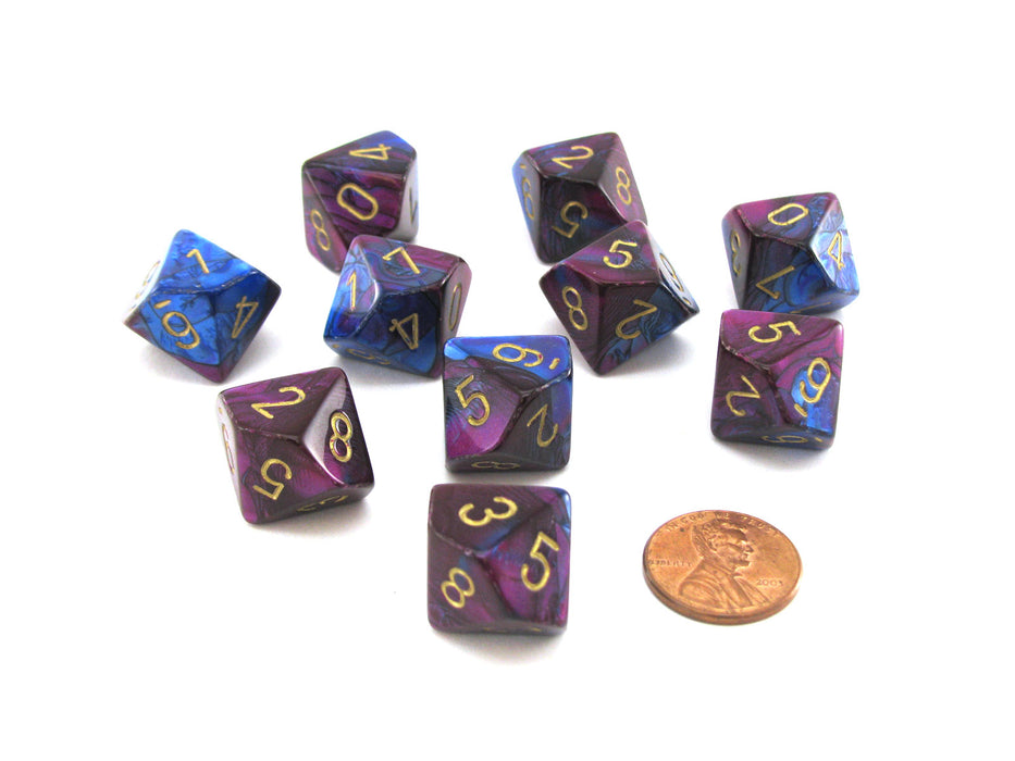 Set of 10 Chessex Gemini D10 Dice - Blue-Purple with Gold Numbers