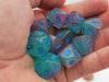 Set of 10 Chessex Luminary Gemini D10 Dice - Gel Green-Pink with Blue Numbers