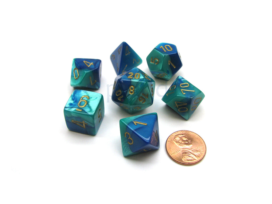 Polyhedral 7-Die Gemini Chessex Dice Set - Blue-Teal with Gold Numbers