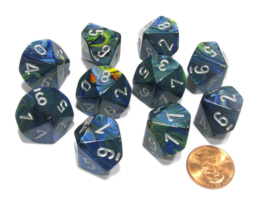 Set of 10 Chessex Festive D10 Dice - Green with Silver Numbers