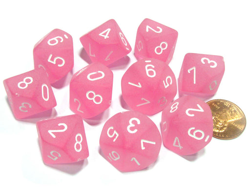 Set of 10 Chessex Frosted D10 Dice - Pink with White Numbers