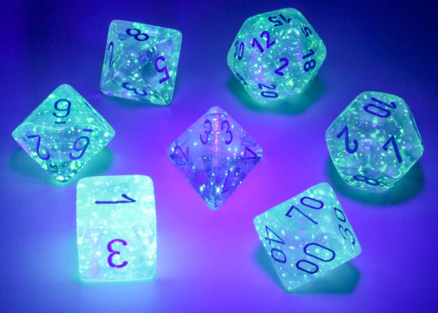 Polyhedral DnD 7-Dice Set, Luminary Borealis - Icicle with Light Blue Numbers