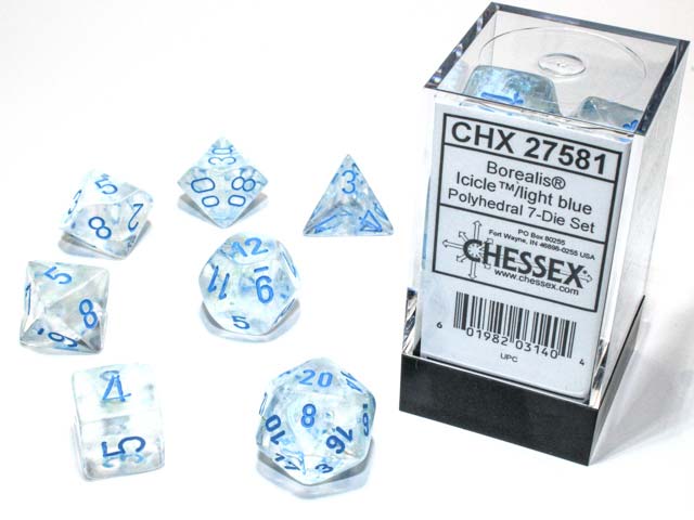 Polyhedral DnD 7-Dice Set, Luminary Borealis - Icicle with Light Blue Numbers