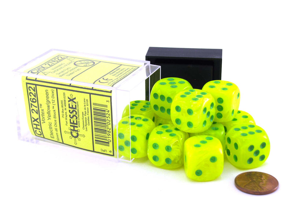 Vortex 16mm D6 Chessex Dice Block (12 Dice) - Bright Electric Yellow with Green