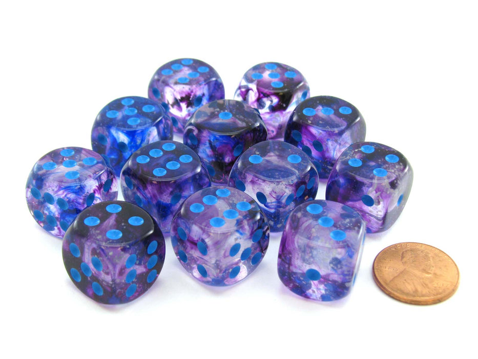Nebula 16mm D6 Dice Block (12 Dice) - Nocturnal with Blue Pips