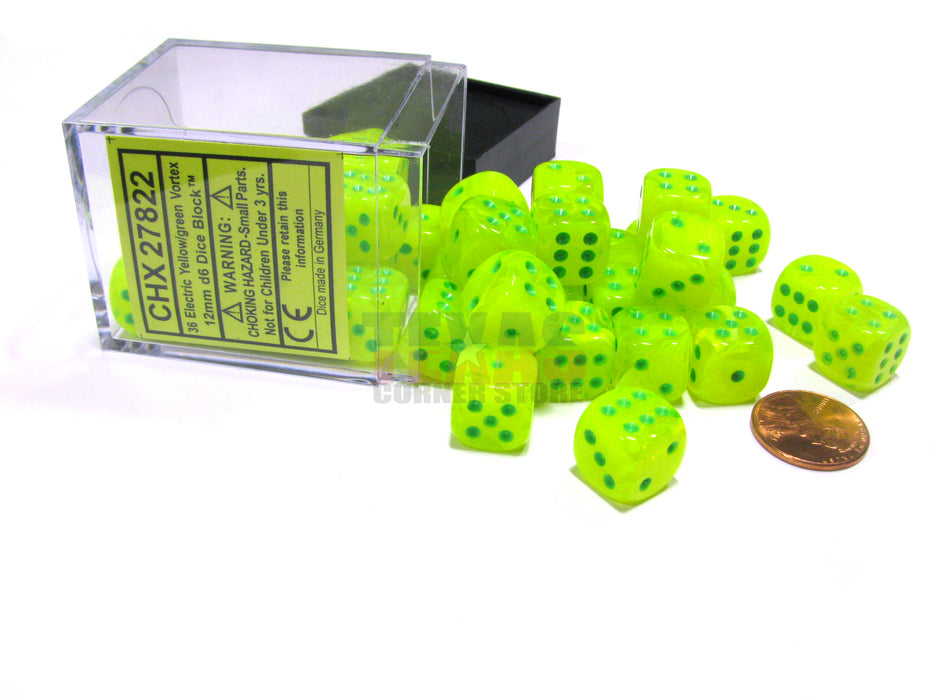 Vortex 12mm D6 Chessex Dice Block (36 Dice) - Electric Yellow with Green Pips