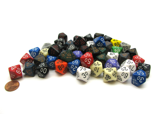 Bag of 50 Assorted Loose Opaque Polyhedral 16mm Tens D10 Dice