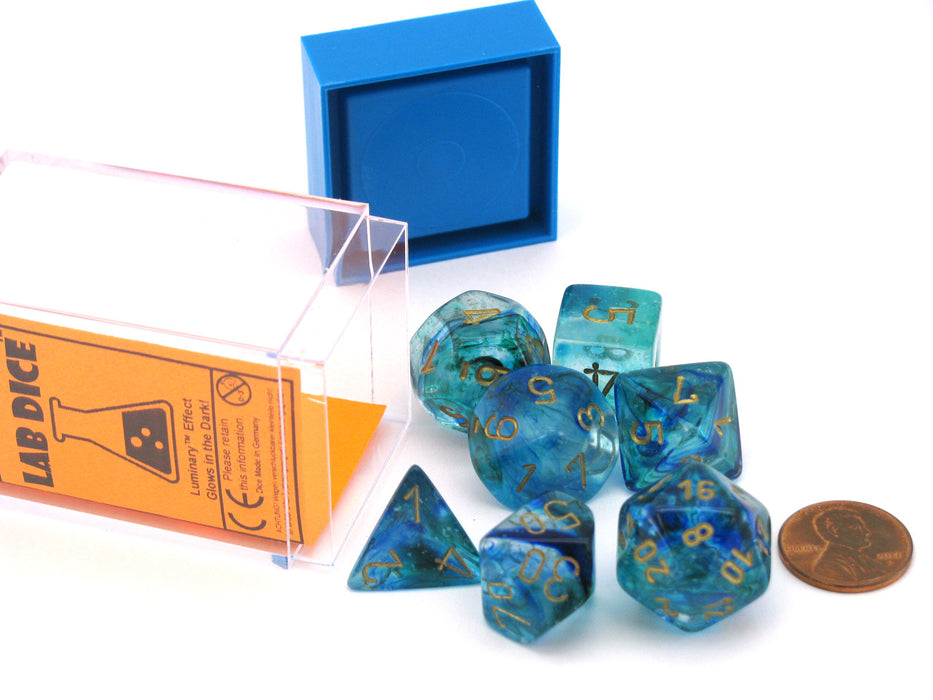 Polyhedral 7-Die Nebula Lab Dice 2 Chessex Dice with Luminary- Oceanic with Gold