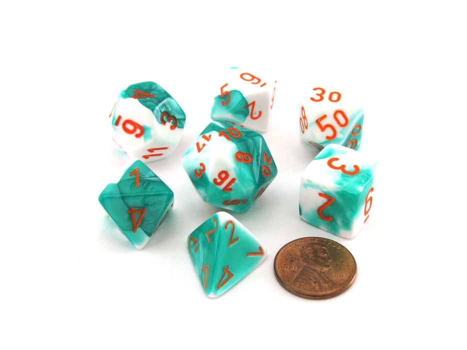 Polyhedral 7-Die Gemini Chessex Lab Dice 3 Set - Mint Green-White with Orange