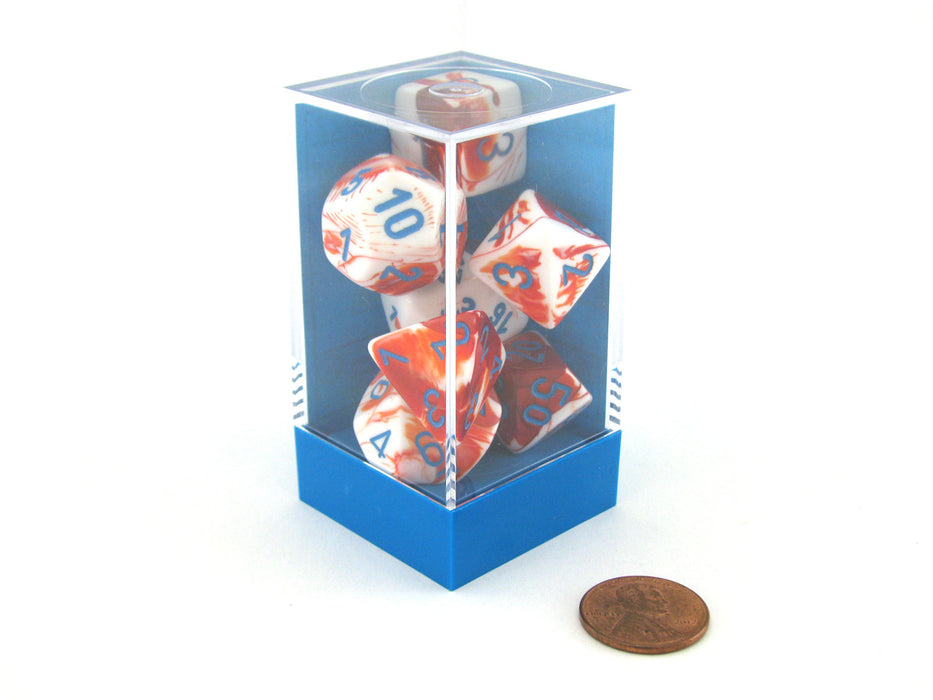 Polyhedral 7-Die Gemini Chessex Lab Dice 3 Set - Red-White with Blue Numbers