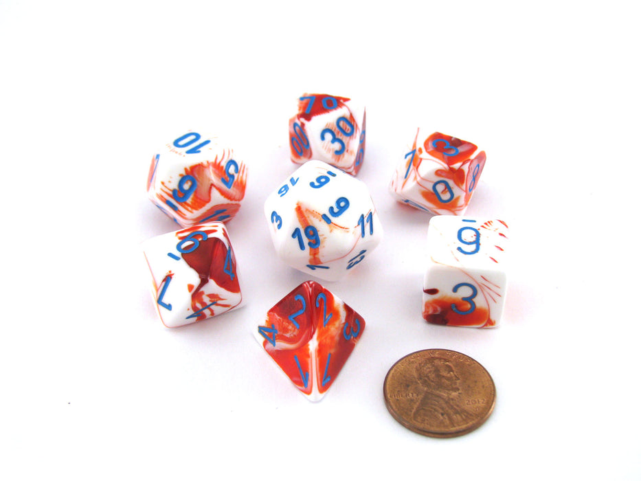 Polyhedral 7-Die Gemini Chessex Lab Dice 3 Set - Red-White with Blue Numbers