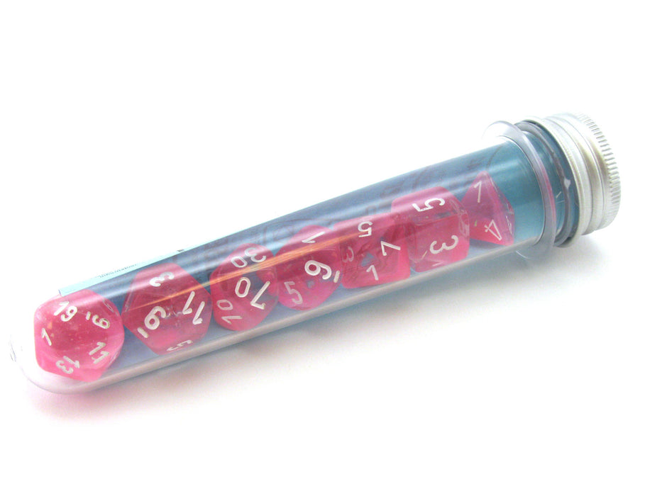 Polyhedral 7-Die Luminary Chessex Lab Dice 4 Set - Gemini Clear-Pink with White
