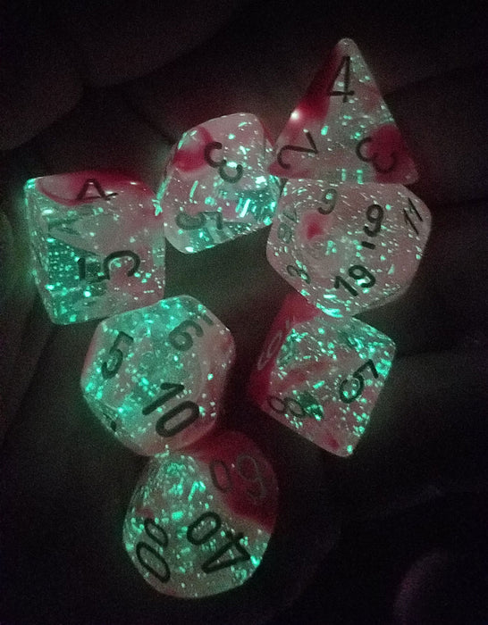 Polyhedral 7-Die Luminary Chessex Lab Dice 4 Set - Gemini Clear-Pink with White