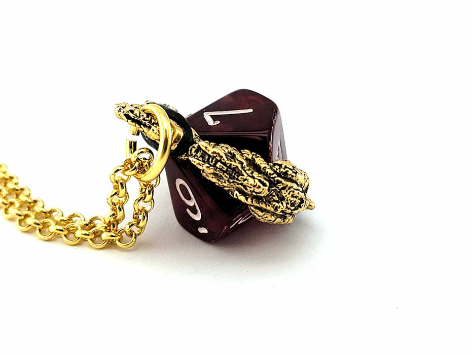 Dice Pendant Necklace 'Dragons' with Gold-Color Finish - Holds a D10
