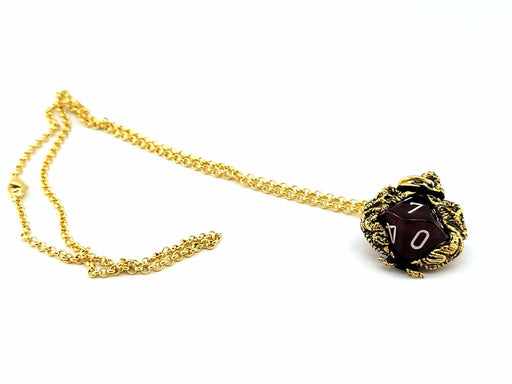 Dice Pendant Necklace 'Dragons' with Gold-Color Finish - Holds a D10