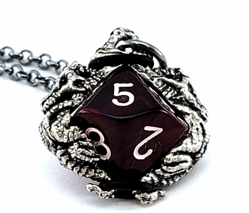 Dice Pendant Necklace 'Dragons' with Gunmetal Gray Finish - Holds a D10