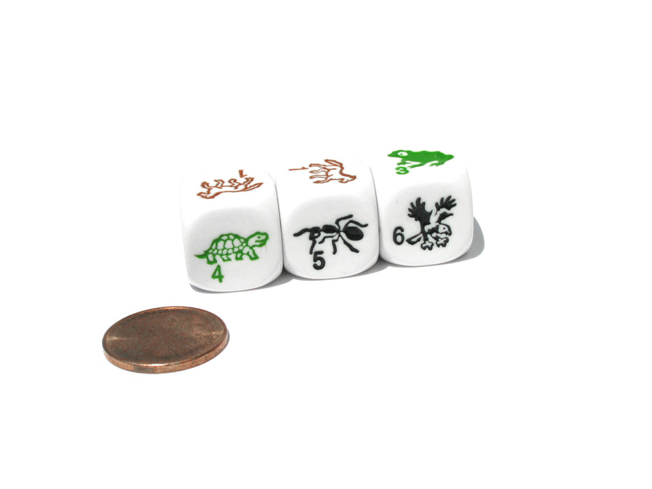 Set of 6 Species 16mm Dice - White with Multi-Color Etched Animals and Numbers