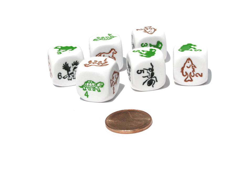 Set of 6 Species 16mm Dice - White with Multi-Color Etched Animals
