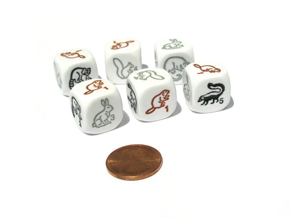 Set of 6 Woodland Creatures 16mm D6 Animal Dice - White with Multi-Color Etches